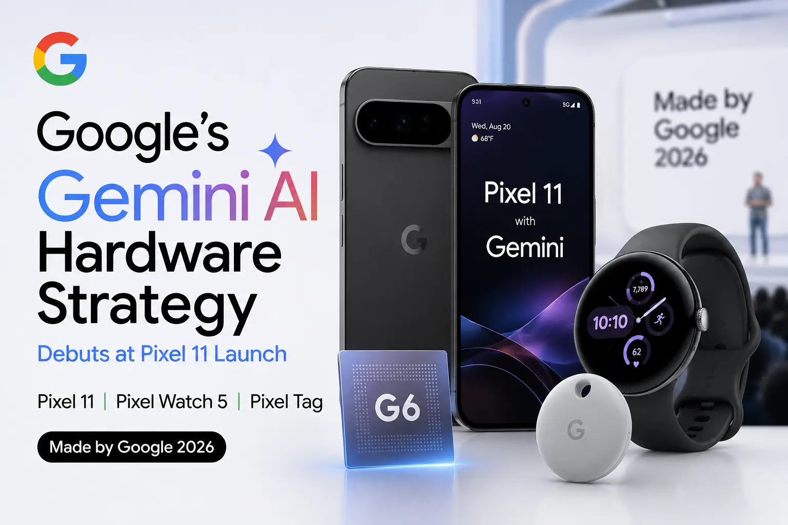 Google Gemini AI hardware strategy showcased at the Pixel 11 launch event, featuring Pixel 11, Pixel Watch 5, Pixel Tag, and Tensor G6.