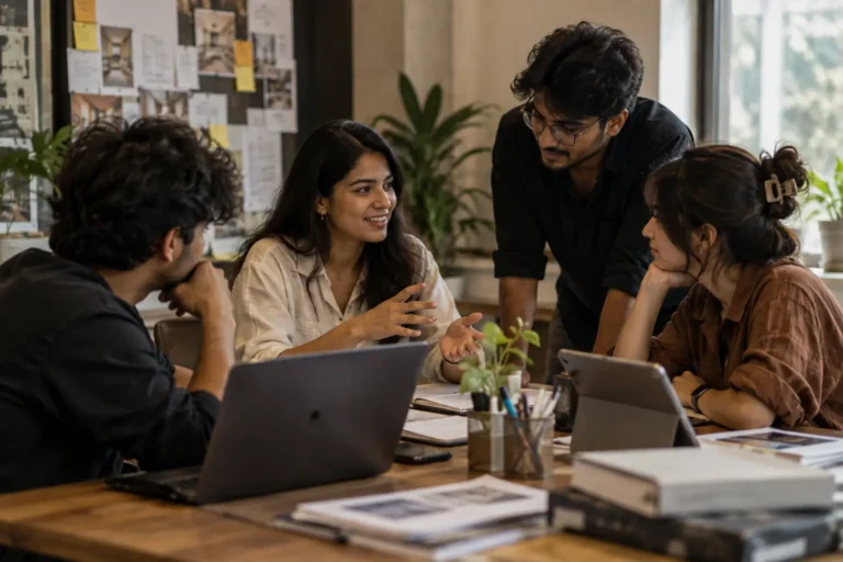 Leadership lessons from founders shown by a small team working together around a table